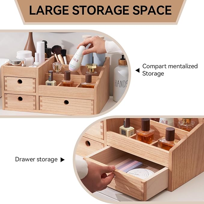 KIRIGEN Wood Makeup Organizer Storage Cabinet Tabletop Cosmetic Organizer Jewelry Storage Box 8 Compartment Makeup Display Case with 3 Drawers Natural(HZG-NA)