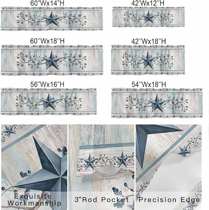 Blue Texas Star Valances for Windows, Vintage Star Berry Blue Beige Wood Grain