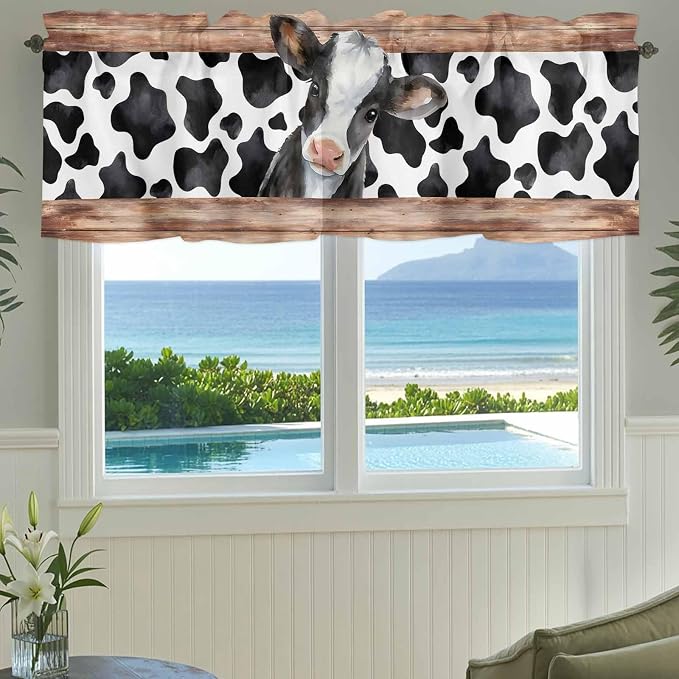 Cow Printed Curtain Valances for Windows, Kitchen Valance Window Treatment
