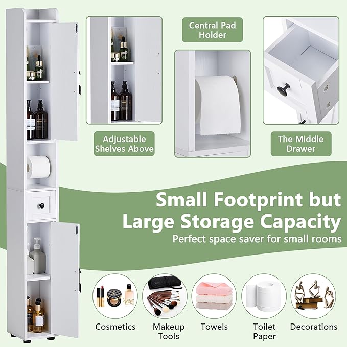 VECELO Tall Narrow Storage Cabinet with Adjustable Shelves, Slim Freestanding Bathroom Cabinet with Toilet Paper Holder, 2 Magnetic Doors & Drawer, for Small Spaces, 7.9" D x 7.9" W x 67" H, White