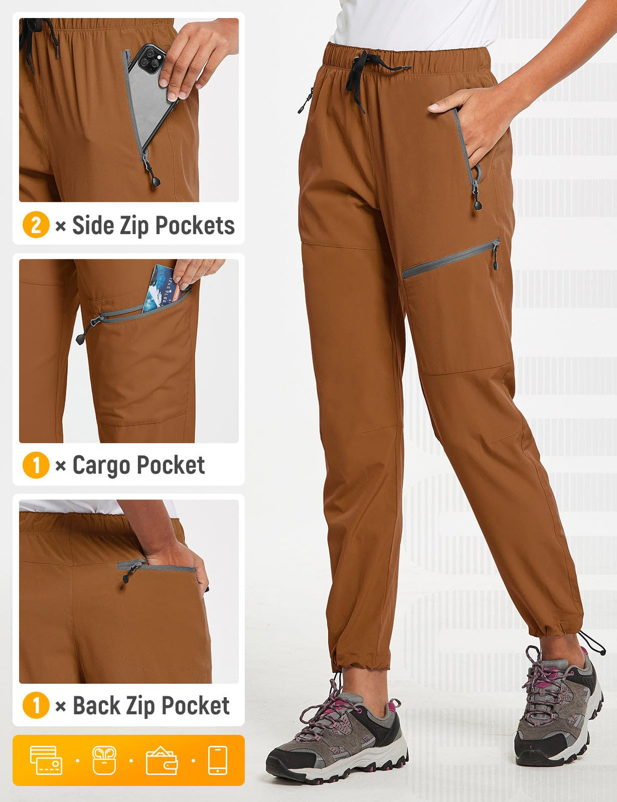 baleaf Cargo Pants for Women Petite Joggers Lightweight Quick Dry Pant Water Resistant 27'' Travel Workout Athletic Trip 27''-Caramel S