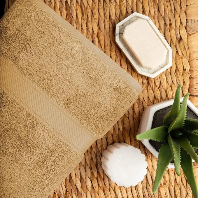Superior Egyptian Cotton Pile Bath Towel Set of 2, Ultra Soft Luxury Towels, Thick Plush Essentials, Absorbent Heavyweight, Guest Bath, Hotel, Spa, Home Bathroom, Shower Basics, Toast