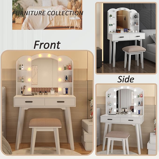 Makeup Vanity Desk with Mirror, Vanity Desk with Lights and Mirror, Makeup Vanity with Drawers and Chair White Vanity with Chair