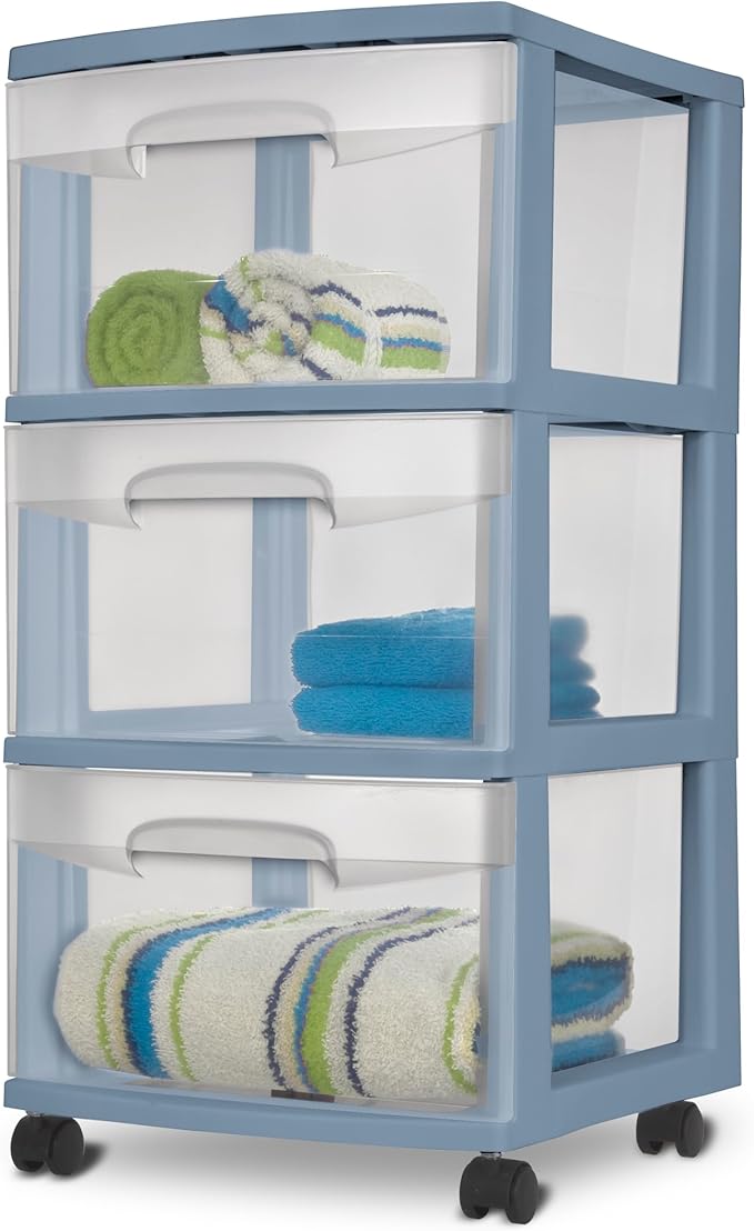 Sterilite 3 Drawer Storage Cart, Plastic Rolling Cart with Wheels Organize Clothes in Bedroom Closet, Easy Assembly, Blue with Clear Drawers, 2-Pack