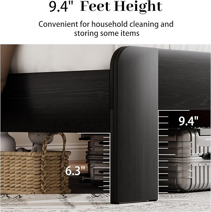 Queen Size Wooden Bed Frame with Bookcace Storage Headboard, Rustic Farmhouse Bedframe with LED Lights and Charging Station, Sturdy and Stable, Slat Support, No Box Spring Required (Black, Queen)