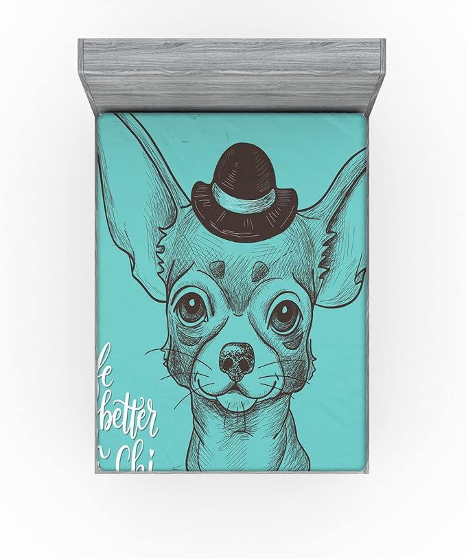 Ambesonne Chihuahua 2 Pack Fitted Sheet, Life is Better with a Chi, Bed Cover All-Round Elastic Deep Pockets 2 Pieces, Package Contains 2 Full Size Fitted Sheets, Seafoam Taupe and White