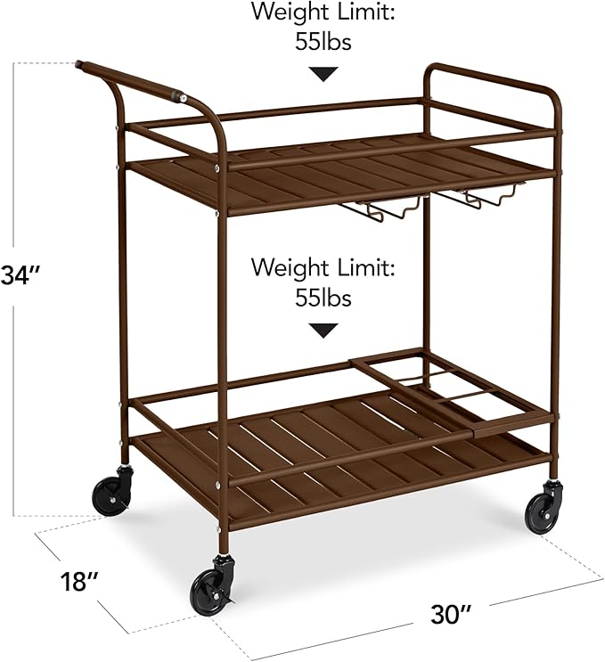 Best Choice Products Rolling Bar Cart, Mobile Home Bar Serving Cart, Serving Station w/ 2 Tier Shelves, Wine Rack, Lockable Wheels - Brown