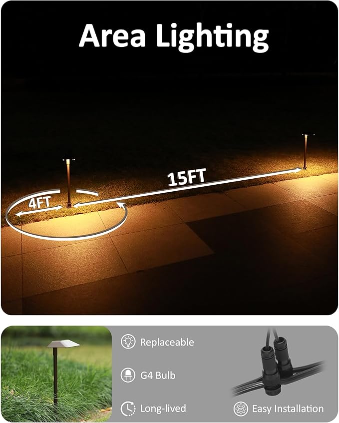 Landscape Path Lights Low Voltage, 2PK Bronze, Work with Replaceable 5W 3000K LED G4 Bulb and Connectors, 12V Wired Landscape Lighting for Outdoor Pathway Driveway Garden, Aluminum