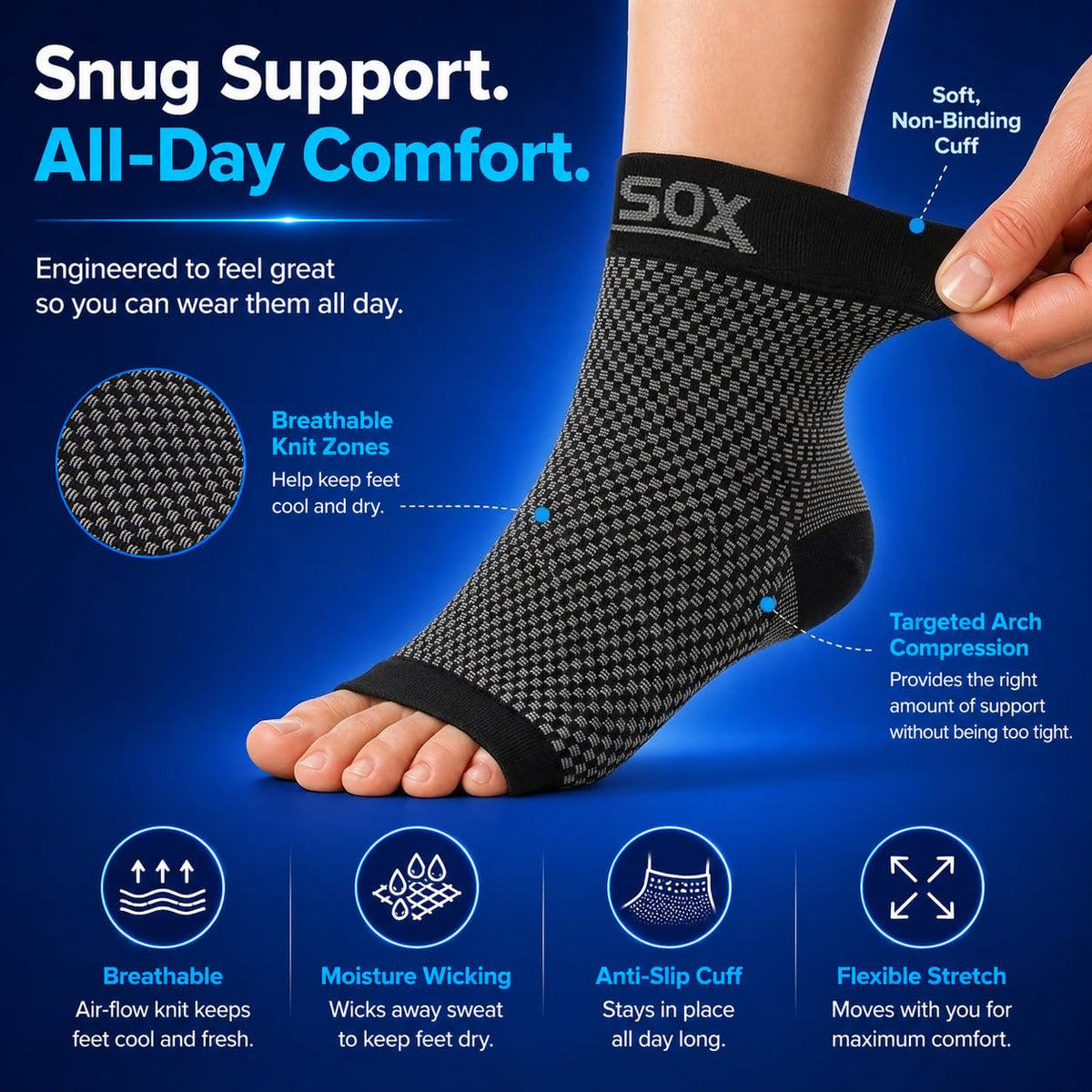 SB SOX Plantar Fasciitis Compression Socks – Arch Support Sleeve for Heel Pain Relief, Achilles Tendonitis & Foot Pain – Toeless Ankle Compression, All-Day Comfort (Black, Medium)
