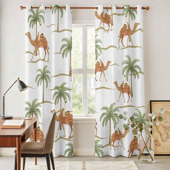 2 Panel Kitchen Cafe Curtains, Desert Camels Sunlight Filtering Nature Air