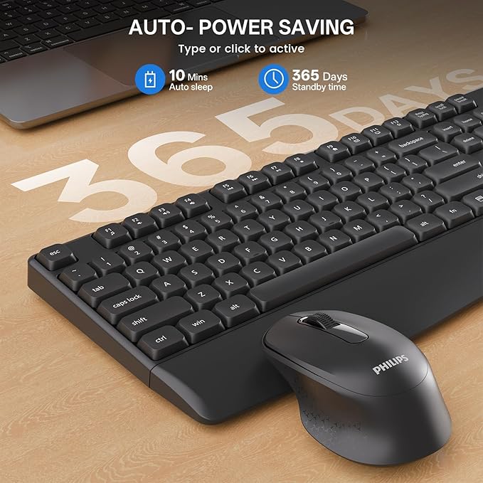 PHILIPS Wireless Keyboard and Mouse Combo-Ergonomic Keyboard and Mouse Wireless Combo,Plug n' Play,Sleep Mode and 2.4GHz Keyboard for Mac, Windows, Laptop-Black