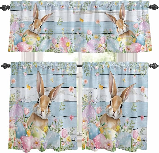 Kitchen Curtains Tiers and Valance Set of 3, Easter Light Filtering Window