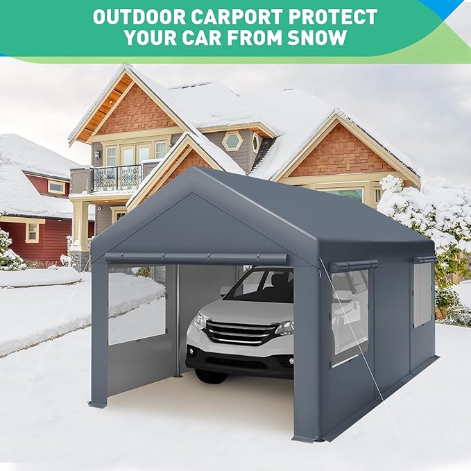 12x20 FT Heavy Duty Carport, Portable Garage with Sidewalls, Roll-up Windows, Carports 10x20 Heavy Duty for Car Boat Truck Motorcycle (Gray)