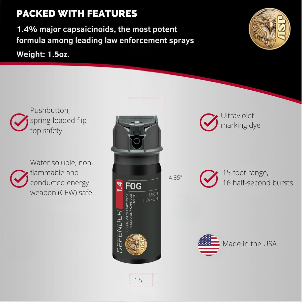 ASP Defender LE Pepper Spray, Self-Defense OC for Law Enforcement Professionals, Professional Grade Personal Defense Equipment, Personal Protection Device, 15-Foot Range