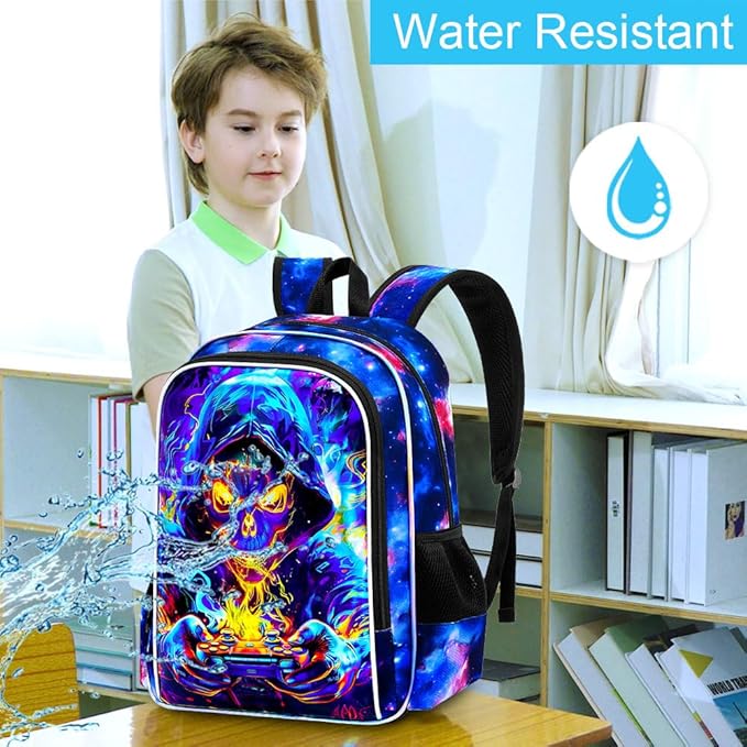 KLFVB 3PCS Bookbag for Boys, 17" Kids Gaming School Backpack and Lunch Box, Water Resistant Backpack for Teenagers Middle Elementary - Skull Game
