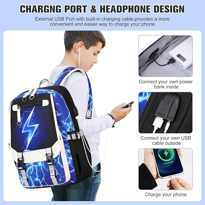 Bevalsa Backpack for Boys, Backpack with Lunch Box & Pen Case, School Bags for Kids, Bookbag for Boys Children Teens Backpacks for Elementary Middle School Student with USB Charging Port