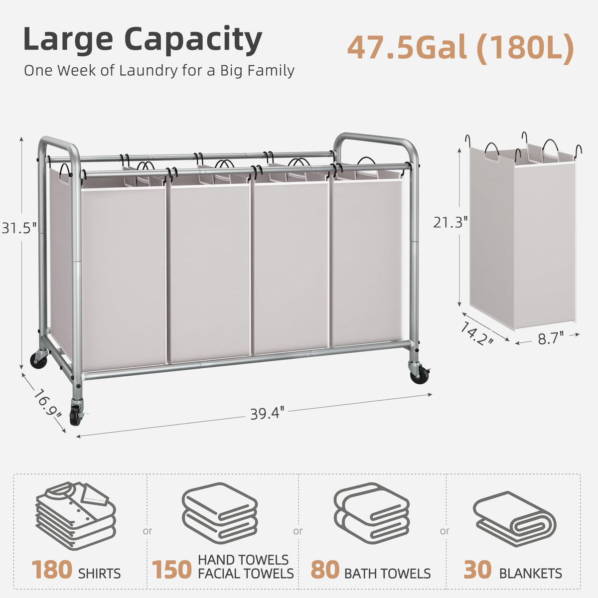 STORAGE MANIAC Laundry Sorter 4 Section, 47.5 Gal (180 L) Laundry Hamper with Wheels, Clothes Divider Basket Sorter, Separator Hamper Cart with Removable Bags, Gray