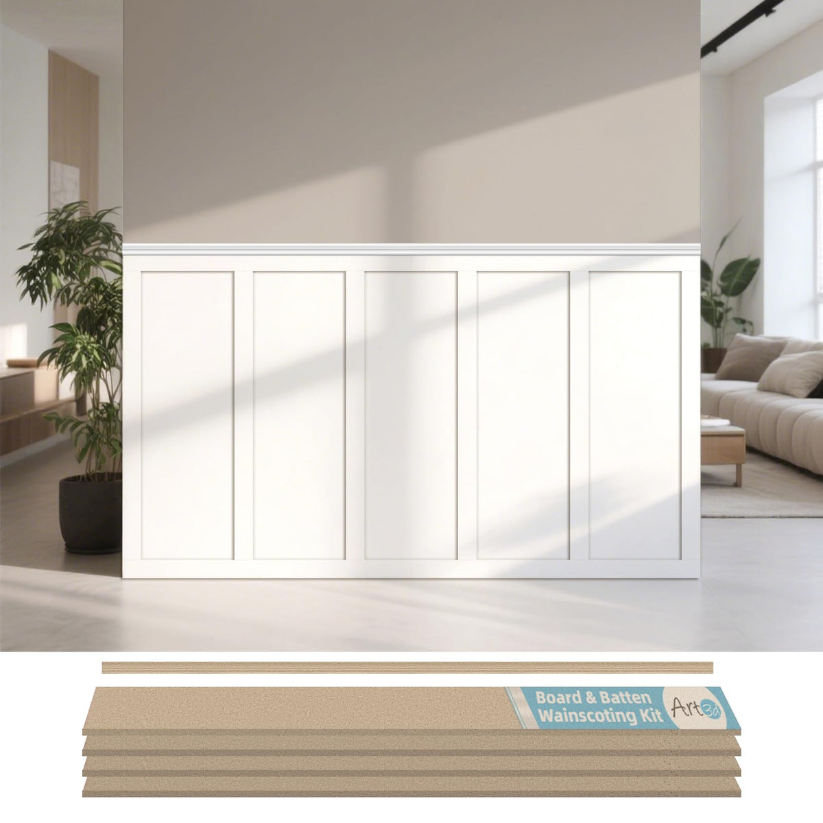 Art3d Premade Board and Batten Paintable Wainscoting Kit, MDF Accent Wall Panel for Kitchen Bedroom Living Room Home Decor Covers 189 x 54 in. Molding Trim Slat with Edge Strip