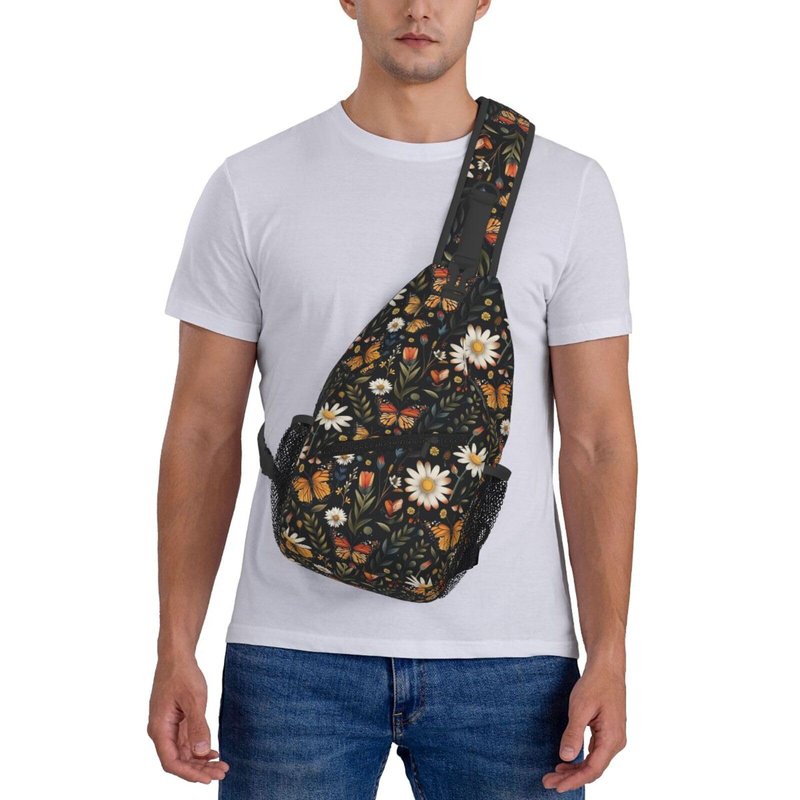 SUPLUCHOM Sling Bag Vintage Butterfly Daisy Leaf Hiking Daypack Crossbody Shoulder Backpack Travel Chest Pack for Men Women