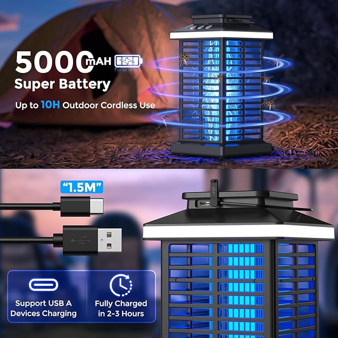 Bug Zapper Outdoor, Mosquito Zapper 2 in 1 Portable & Rechargeable Bug Zapper Outdoor with 5000mAh Battery & LED Night Light, 4000V Electric Fly Zapper for Outside,Patio,Backyard,Garden