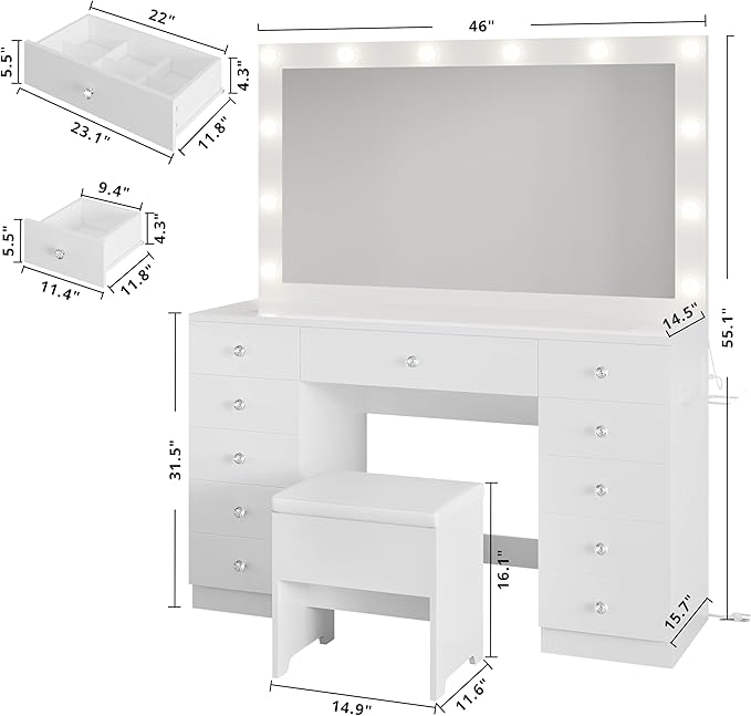 IRONCK 46'' Makeup Vanity Set with LED Mirror & Power Outlet - 11 Drawers, Glass Top, Hair Dryer Rack, Dressing Table with Storage Bench for Bedroom, 3 Lighting Color Adjustable, White