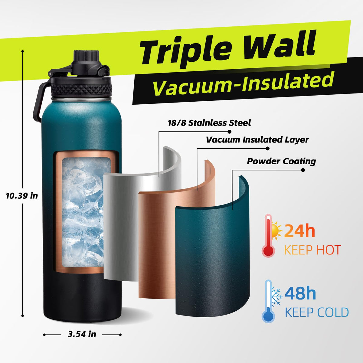 1/2 Gallon Water Bottle Insulated - Keep Cold 48H, with Carrier Pouch, Straw & Auto Spout Lid, Paracord Handle & Protective Boot, 64oz Water Jug Half Gallon Stainless Steel Flask Set
