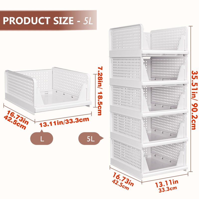 CTSNSLH 5 Pack Closet Organizers Storage Box, Closet Storage Stackable Storage Bins, Plastic Drawer Basket for Wardrobe Cupboard Kitchen Bathroom Office, White