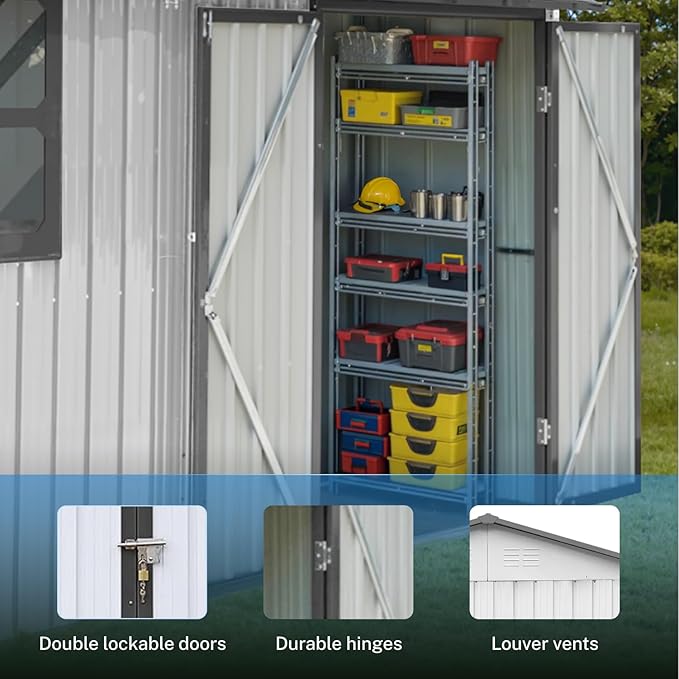 12 x 10 FT Outdoor Storage Shed, Metal Garden Tool Shed with Slooping Roof, Lockable Doors, All-Weather Bike Shed Easy to Assemble for Backyard, Patio, Lawn, White+Black