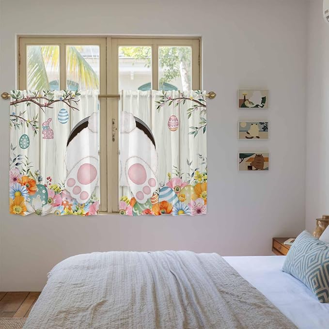 Easter Kitchen Tier Curtains 45 Inch Long 2 Panel Set, Rod Pocket Short Window