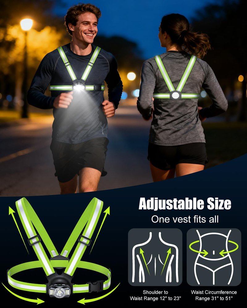 Dawinga Running Lights for Runners, 500 Lumens High-Visibility Running Light with 45° Adjustable Beam & IPX4 Waterproof, Rechargeable Reflective Vest Gear for Night Walking/Jogging, 4-20Hrs Runtime