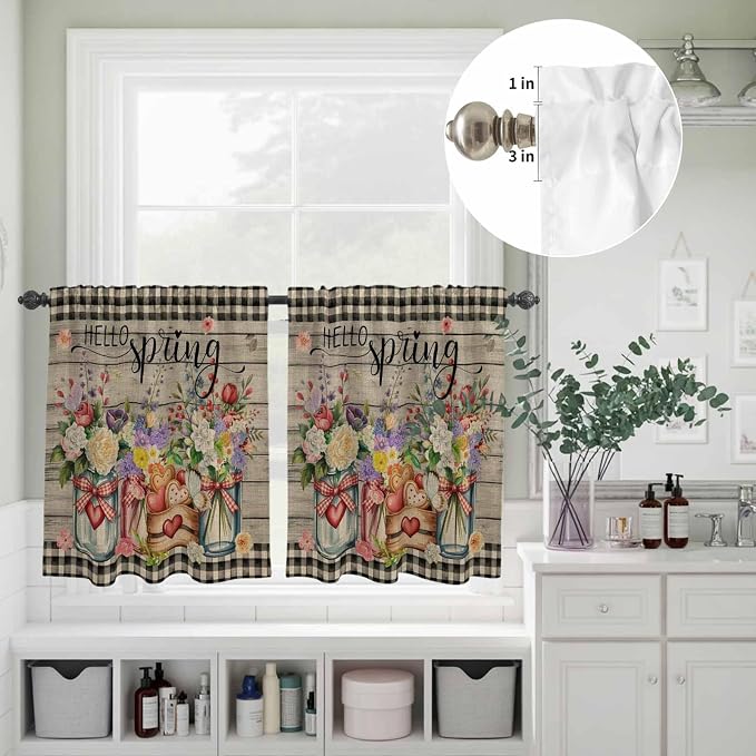 Kitchen Curtains Tiers and Valance Set of 3, Spring Flowers Light Filtering