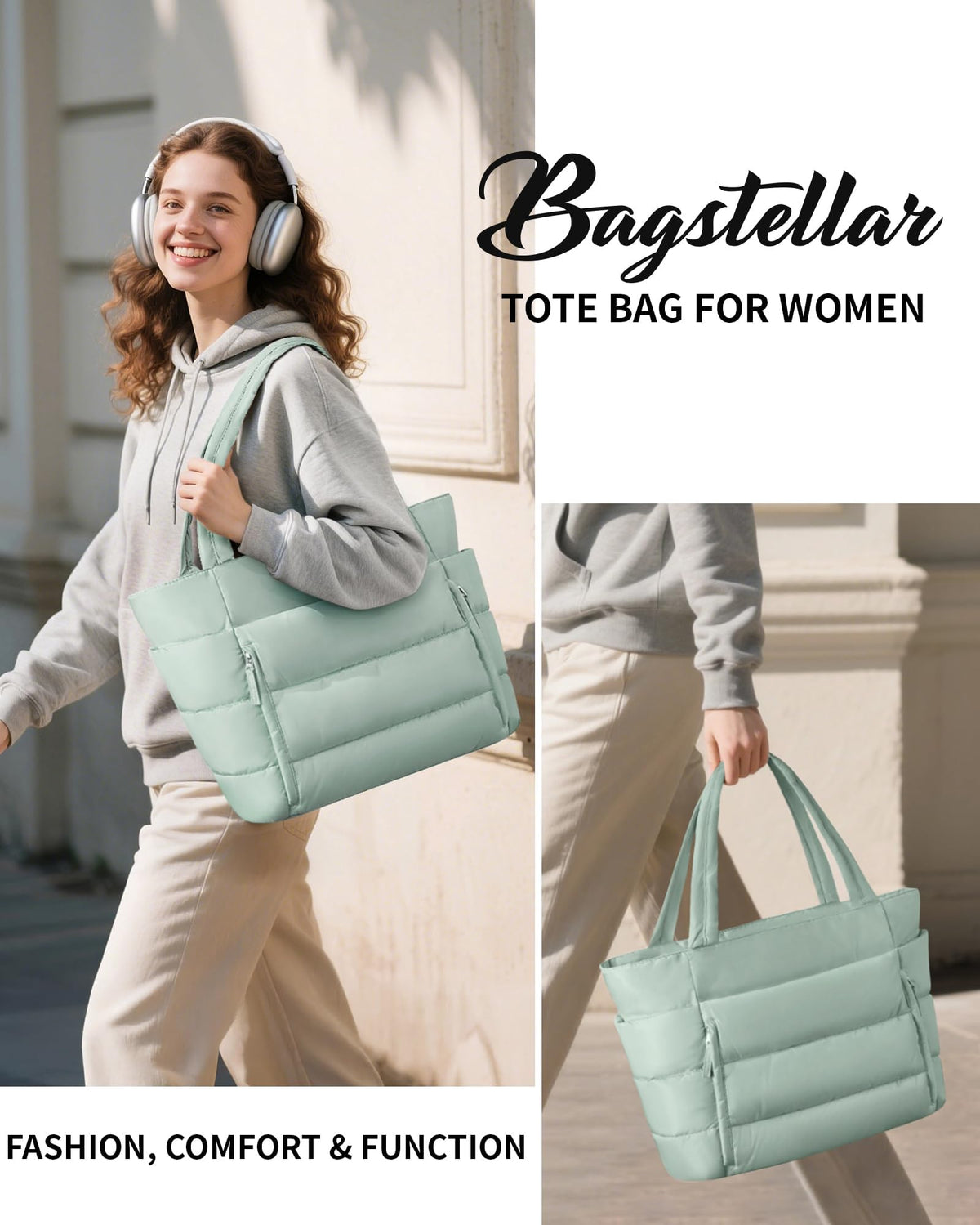 Bagstellar Puffer Tote Bag for Women, Lightweight Puffy Work Handbag Teacher Nurse Quilted Shoulder Bag for School Travel Gym