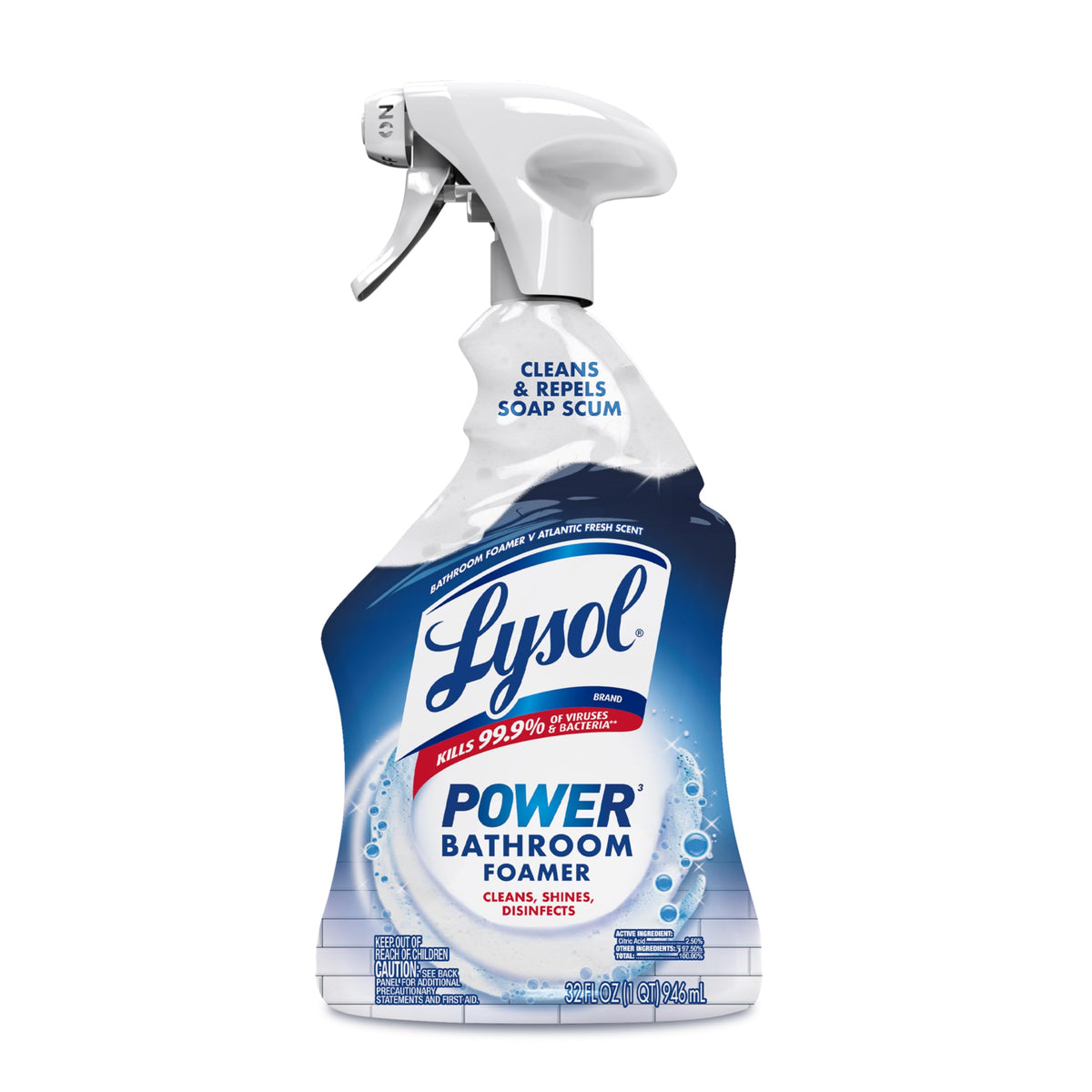 Lysol Power Foaming Bathroom Cleaner, Multipurpose Cleaner for Showers, Bathtubs, Sinks, Disinfectant Spray Kills 99.9% of Germs, Zero Bleach Cleaning Spray, 32 Oz.
