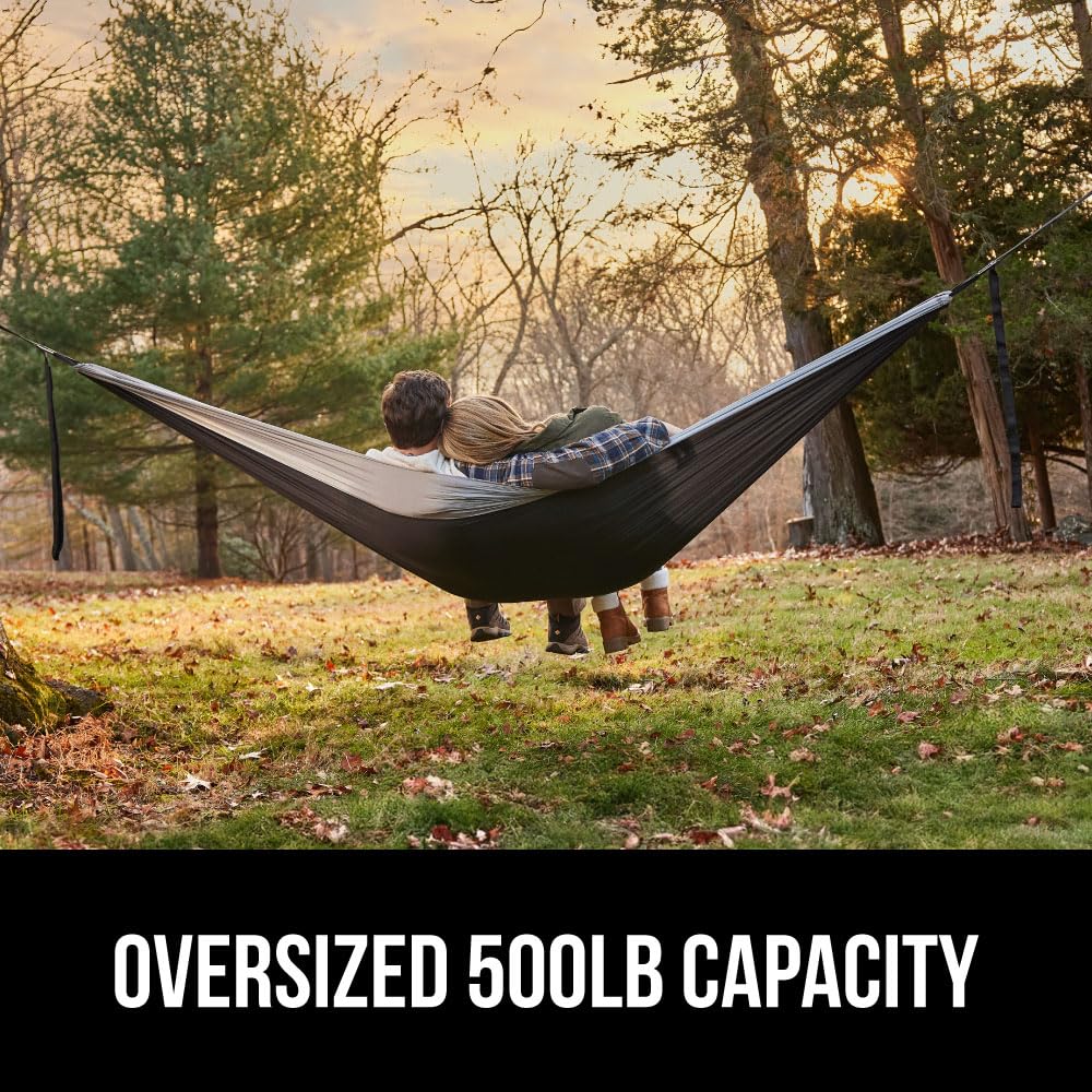 GORILLA GRIP Durable Camping Hammock with Heavy Duty Tree Straps, Portable Hammocks for Outside, Easy to Use Travel Swing Chair, Outdoor Camper Hiker Essentials, Backpacking Gear Gifts, Double, Black