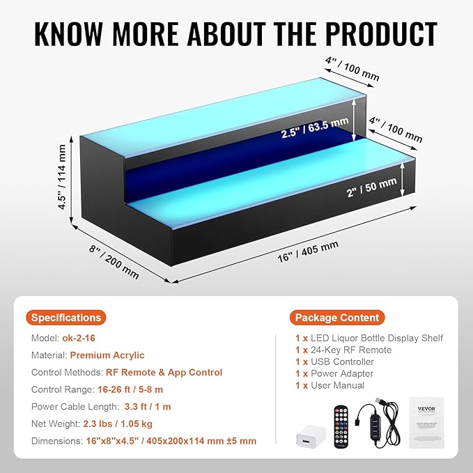 VEVOR LED Lighted Liquor Bottle Display, 2 Tiers 16 Inch Commercial Illuminated Home Bar Shelf, 2 Steps Whiskey Rack Stand, Acrylic Drink Shelves with RF Remote & App Control, and Multicolor Light