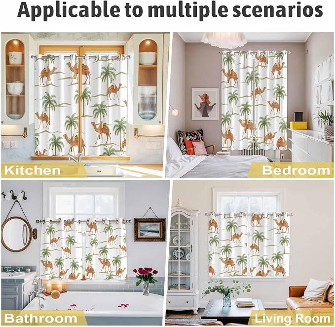 2 Panel Kitchen Cafe Curtains, Desert Camels Sunlight Filtering Nature Air