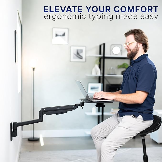 VIVO Sit-Stand 14 Inch Pneumatic Laptop Tray Wall Mount, Articulating Height Adjustable Typing Platform, Floating Workstation, Ergonomic Tilt, Black, MOUNT-KB35L