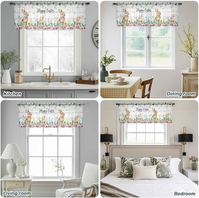 Easter Sheer Valances for Windows 42"x12", Light Filtering Kitchen Curtains