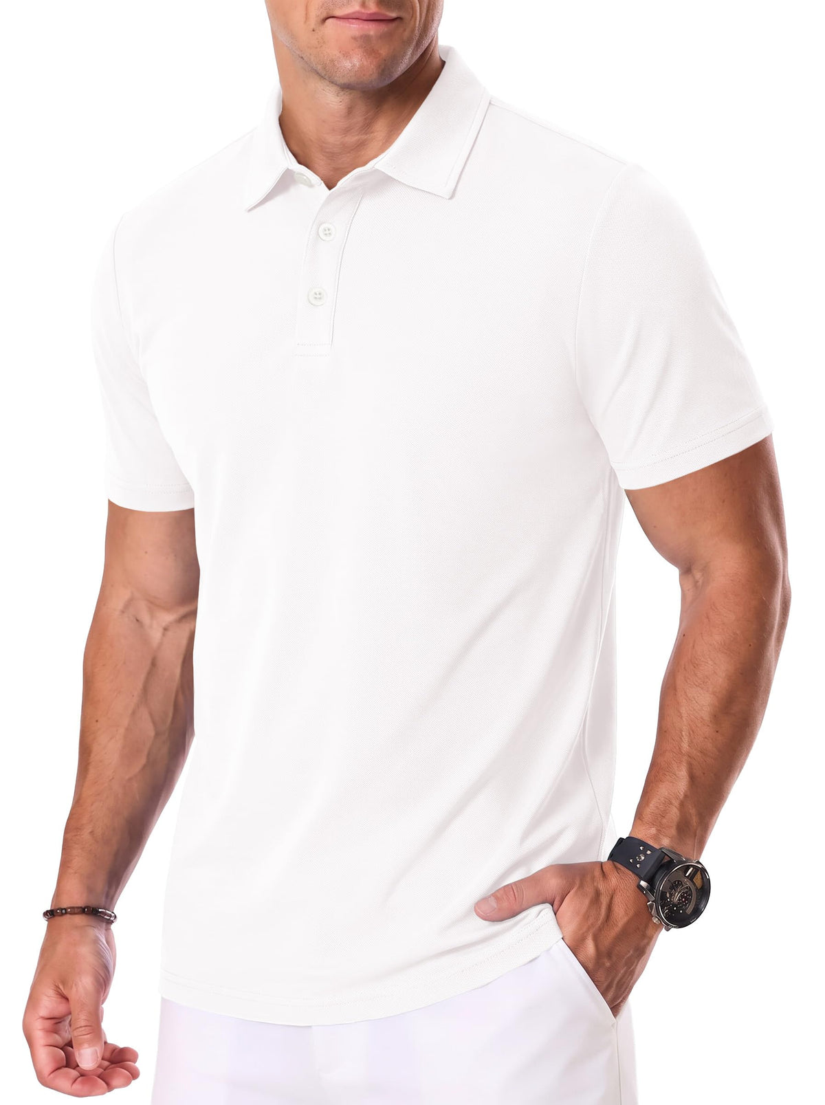 PEGENO Golf Shirts for Men Lightweight Moisture Wicking Short Sleeve Performance Dry Fit Active Mens Polo Shirts White L