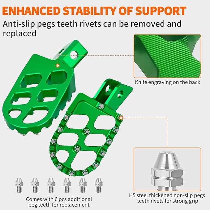 Nilight Motorcycle Foot Pegs Dirt Bike Footpegs Fit for Kawasaki KLX110 2002-2023 KLX110L 2010-2023 KX60 1998-2003 CNC Foot Pegs for Motorcycles Heavy Duty Aluminum Alloy Foot Rests, Green