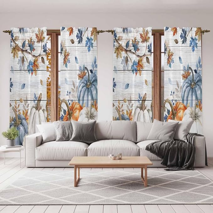 Thanksgiving Pumpkin Window Curtains 72 Inch Long 2 Panel Set, Rod Pocket Long
