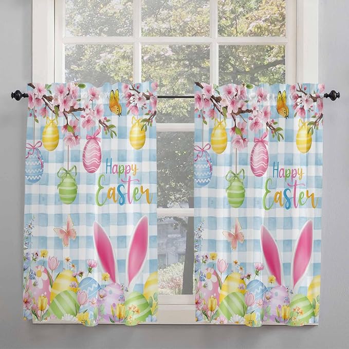 Happy Easter Kitchen Curtains 54 Inches length, Spring Watercolor Bunny Eggs