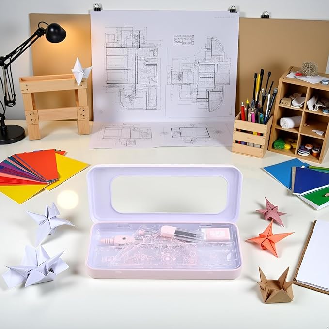 7Pcs Pink Geometry Math Drawing Set with Compass, Protractor, Rulers, Drafting Tools in Portable Box for Students