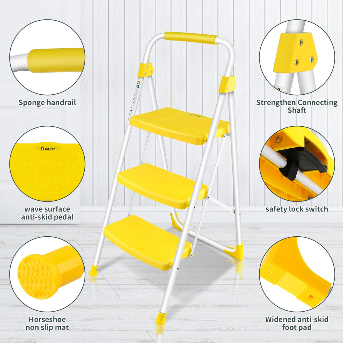 TOOLITIN 3 Step Ladder, Folding Step Stool with Wide Anti-Slip Pedal, 500lbs Sturdy Steel Ladder, Convenient Handgrip, Lightweight, Portable Steel Step Stool for Household, Kitchen, Office, Yellow