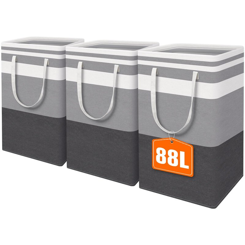 HomeHacks 3-Pack Large Laundry Basket, Waterproof, Freestanding Laundry Hamper, Collapsible Tall Clothes Hamper with Extended Handles for Clothes Toys in the Dorm and Family-(Gradient Grey, 88L)