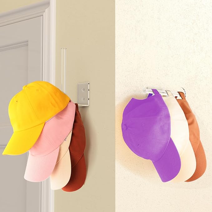 Durmmur 2 Pack Hat Racks for Baseball Caps, Acrylic Hat Organizer, Hat Hooks for Wall, Hat Holder Storage Organizer, Hat Hanger Strong Adhesive/Wall Drilled for Door, Bedroom, Closet(Clear 6 in)