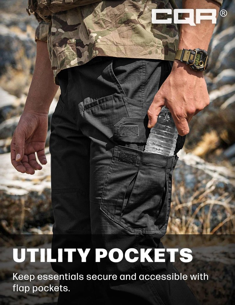 CQR Men's Tactical Pants, Water Resistant Ripstop Cargo Pants, Lightweight EDC Work Hiking Pants, Outdoor Apparel, Raider Black, 36W x 30L