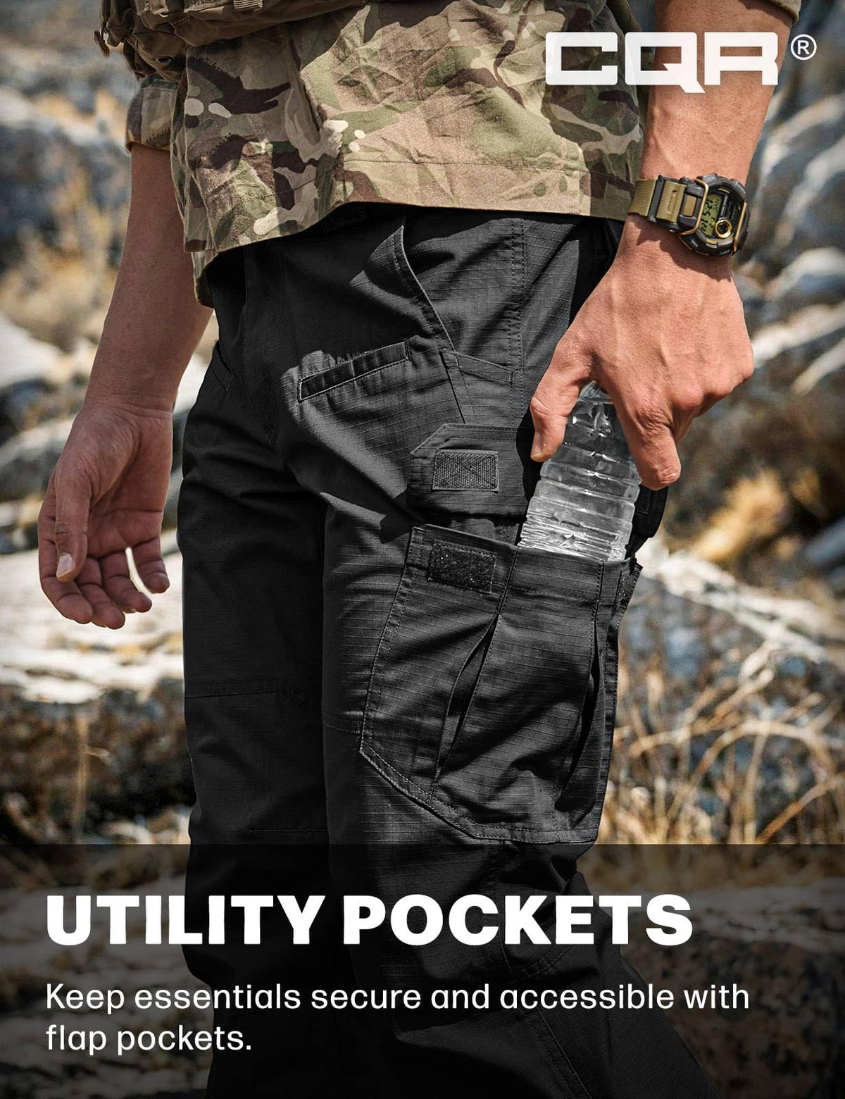 CQR Men's Tactical Pants, Water Resistant Ripstop Cargo Pants, Lightweight EDC Work Hiking Pants, Outdoor Apparel, Raider Black, 42W x 30L