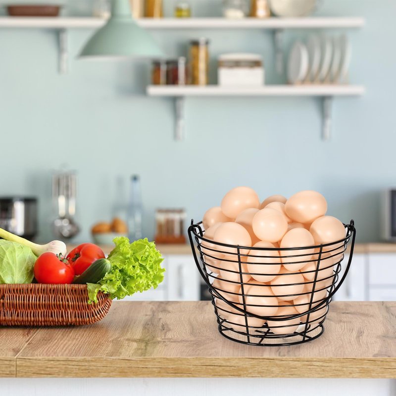 OGANAZI 3 PCS 8" Black Round Wire Egg Baskets With Handle, Small Metal Egg Collecting Basket for Gathering Fresh Eggs, Chicken and Duck Eggs Hunting Basket Egg Holder Countertop
