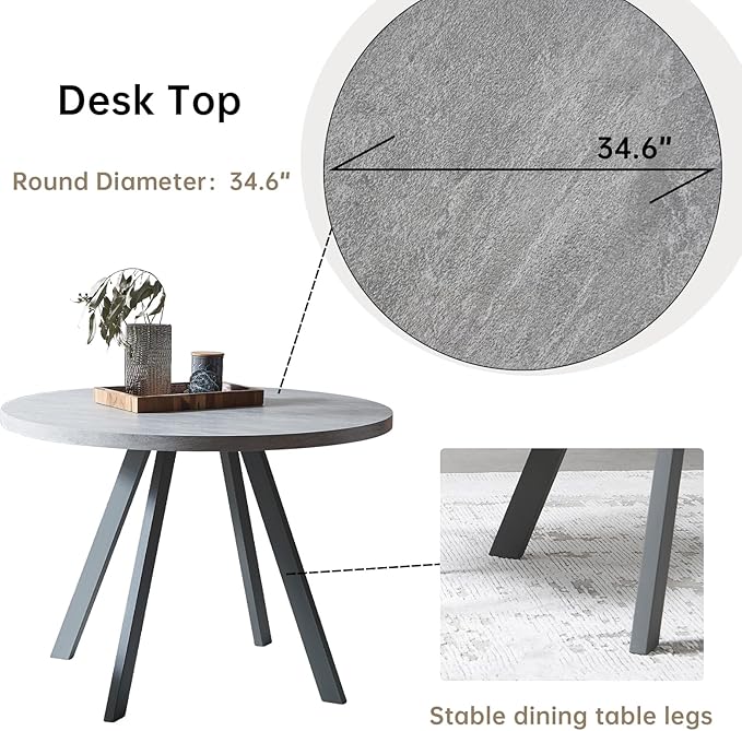 34.6'' Round Dining Table and Chairs for 2, Space Saving Modern Casual Coffee Table Set for Apartment Kitchen Dining Room (Grey Table+2 Brown Chairs)